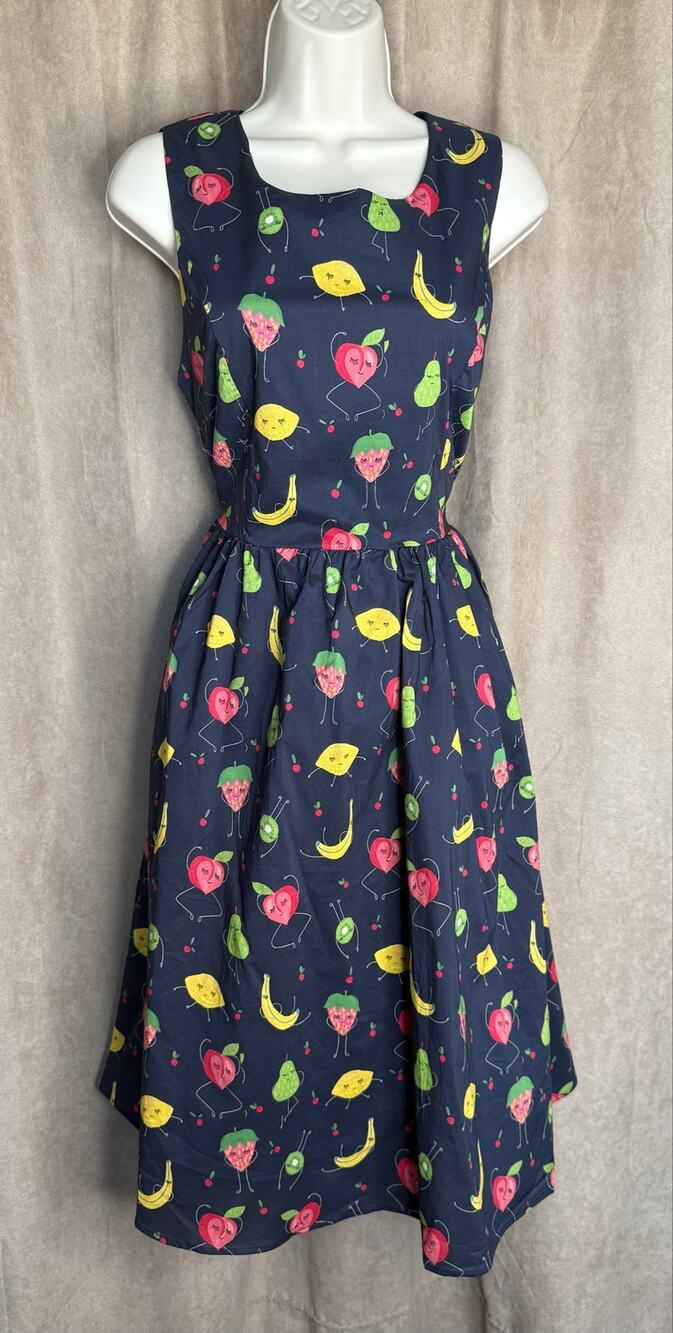 Tulip B By Unique Vintage Navy Dancing Fruit Sleeveless Dress S NWT